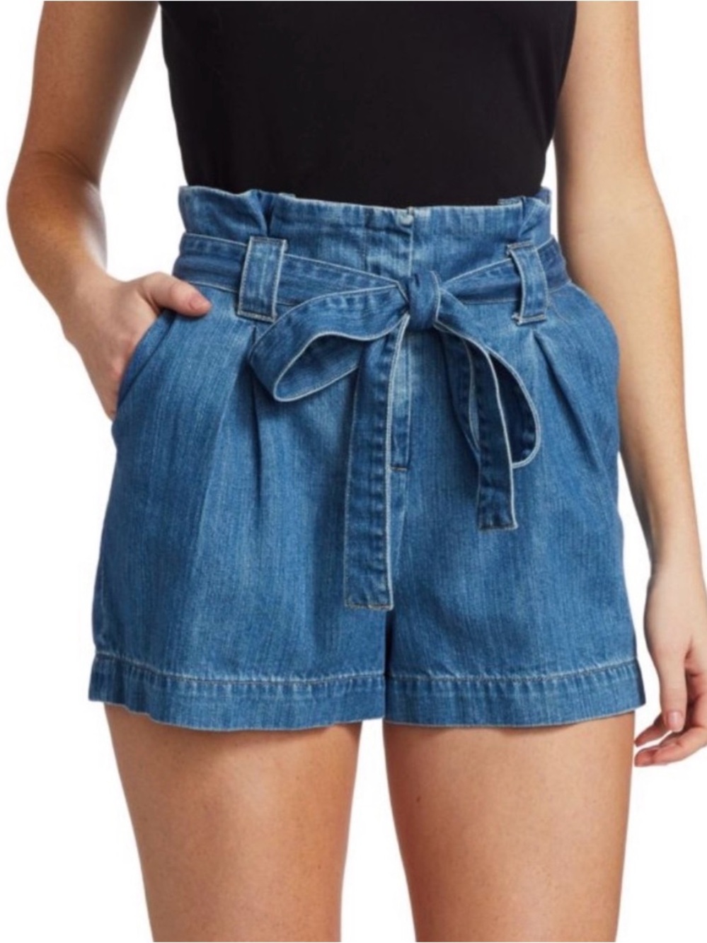 L'AGENCE Blue High-Waist Paperbag Denim Shorts with Tie Belt
